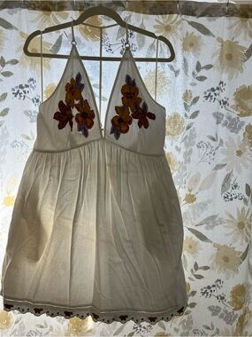 Free People White Sundress with Embroidered Floral Appliqué